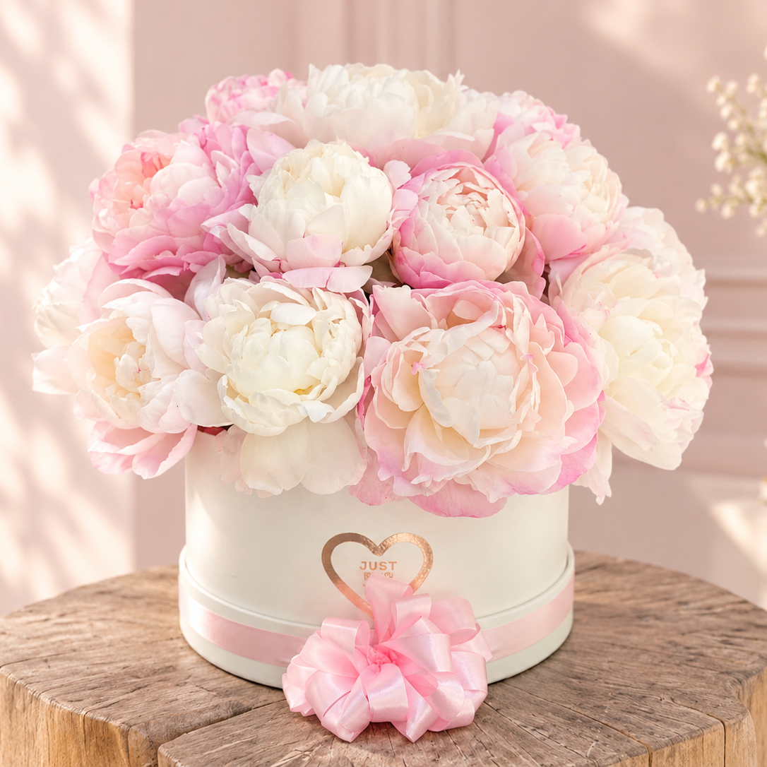 Soft Blush Peonies in a Luxury Hatbox
