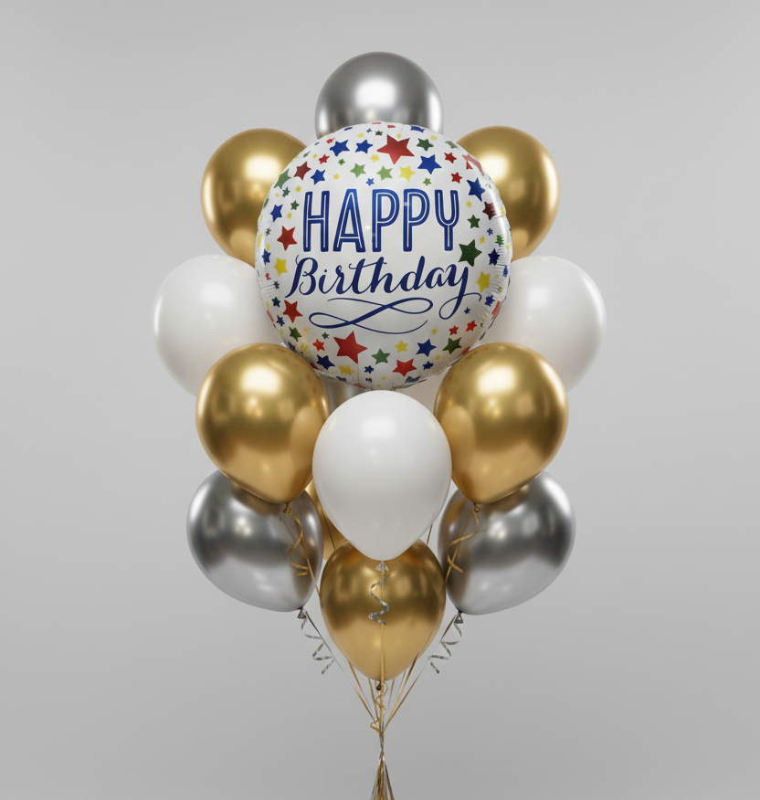 Happy Birthday Balloon with White & Gold Balloons (Helium Filled)