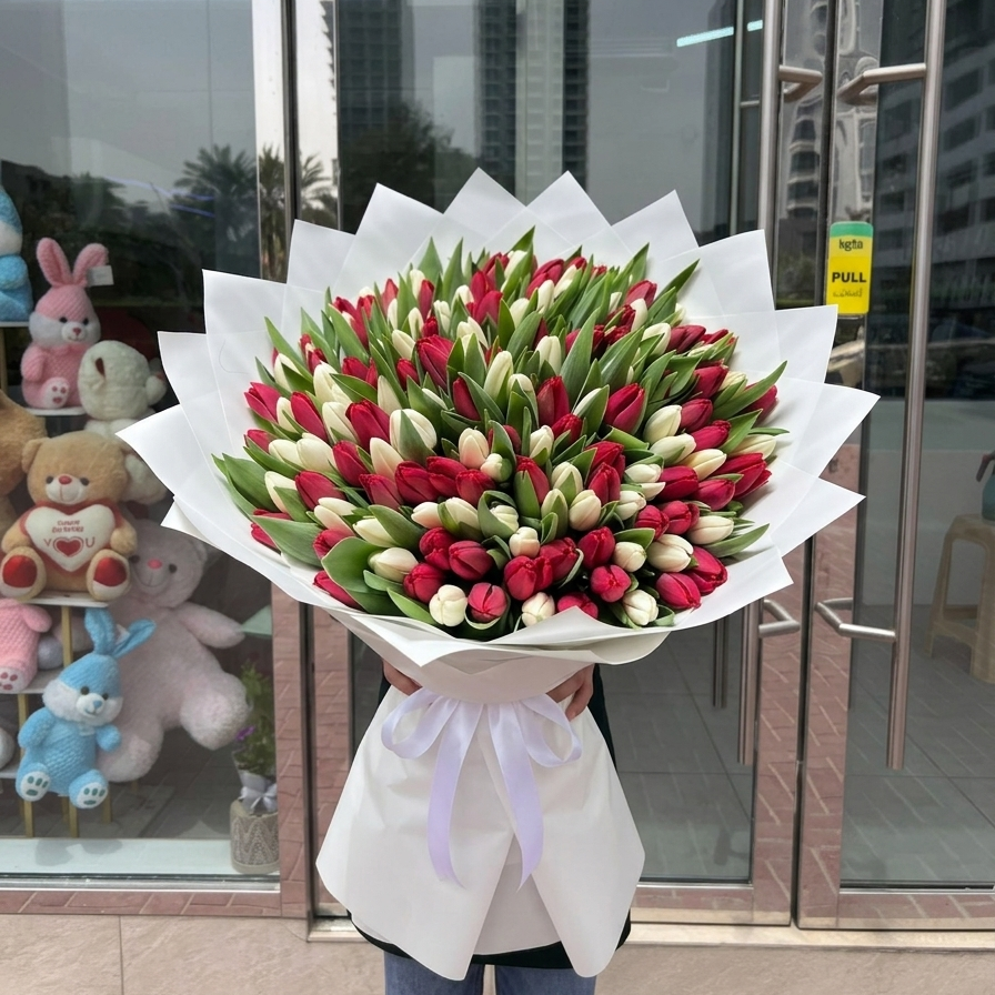 101 Red and White Tulips Bouquet