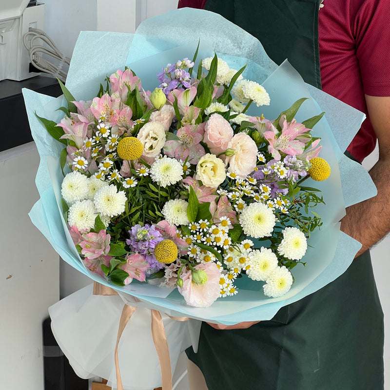 Soft Sky & Blossom Hand-Tied Bouquet