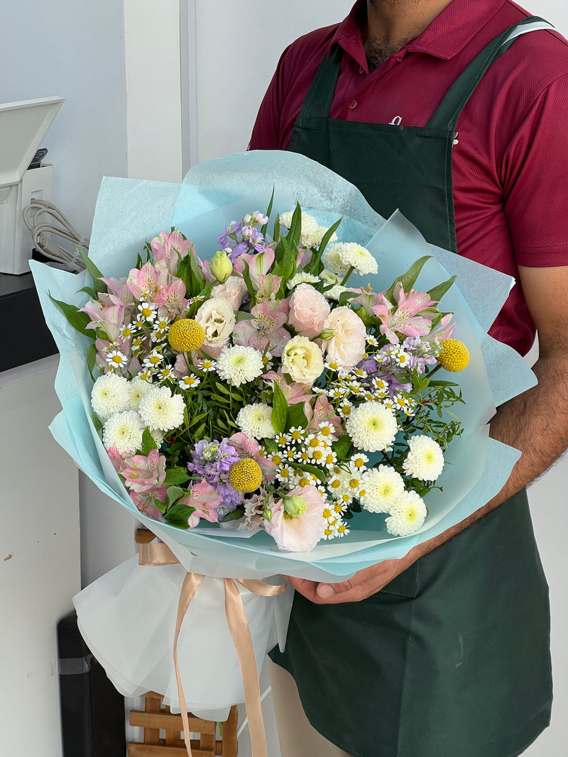 Soft Sky & Blossom Hand-Tied Bouquet