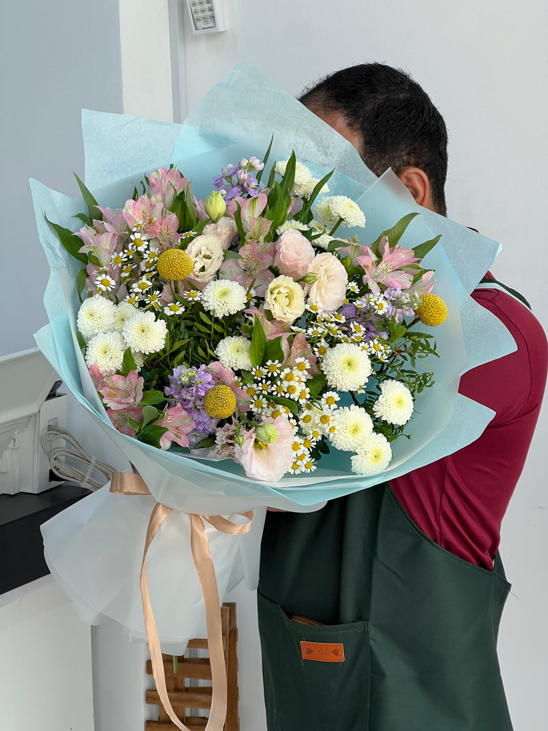 Soft Sky & Blossom Hand-Tied Bouquet