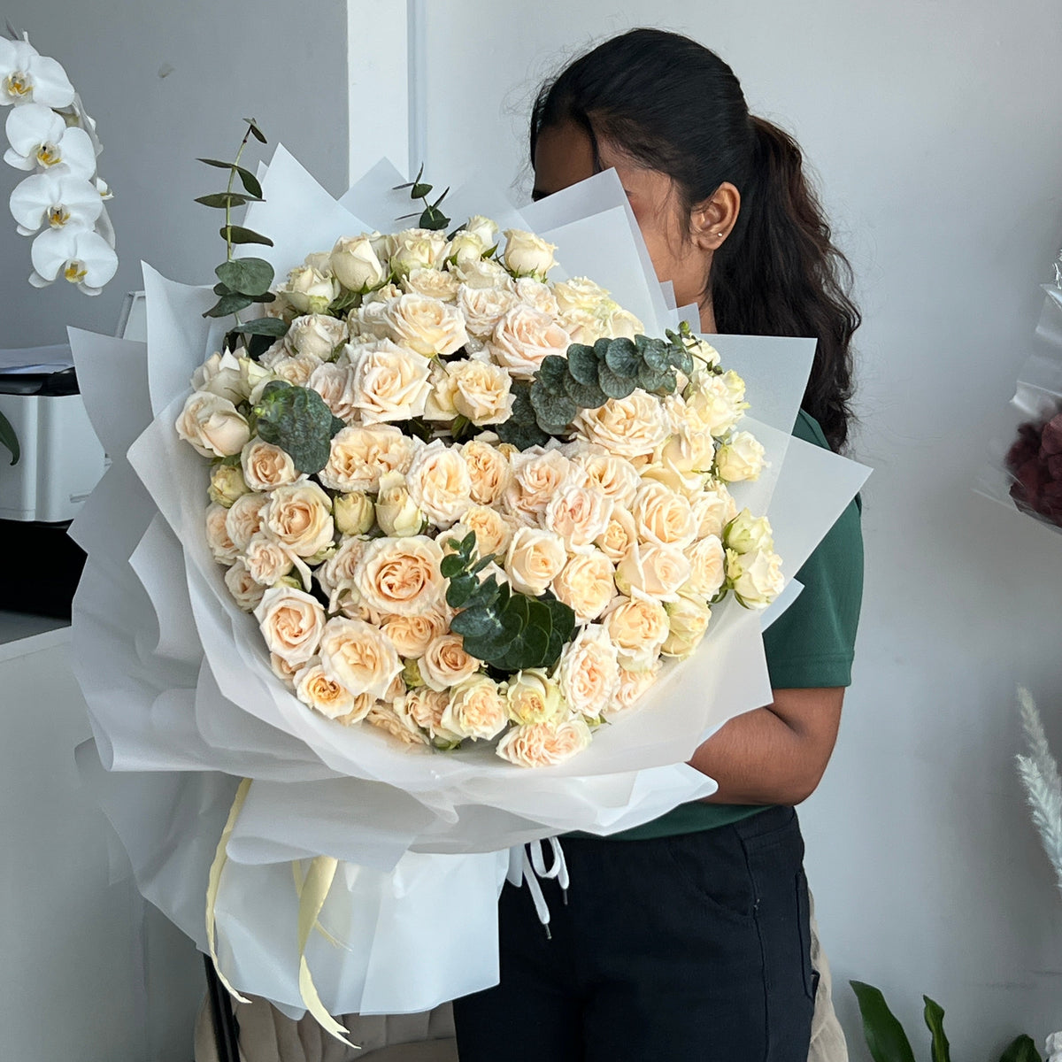 Peach Whisper 21 Peach Baby Roses & Eucalyptus Bouquet