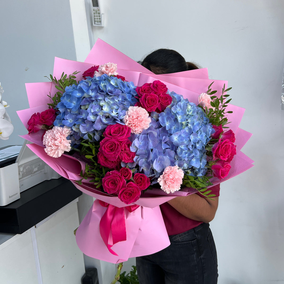 Blue Hydrangeas & Dark Pink Baby Roses Bouquet