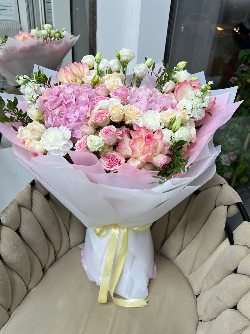 Blushing Garden Pink Hydrangea And Mixed Floral Bouquet