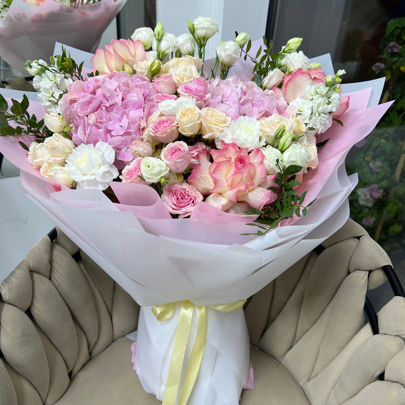 Blushing Garden Pink Hydrangea And Mixed Floral Bouquet