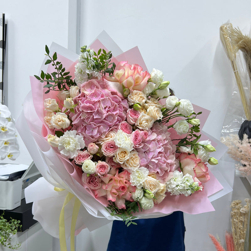 Blushing Garden Pink Hydrangea And Mixed Floral Bouquet