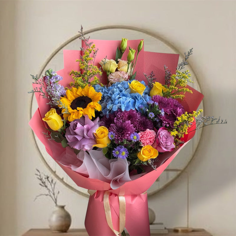 Vibrant Sunrise Blue Hydrangea And Sunflower Garden Bouquet
