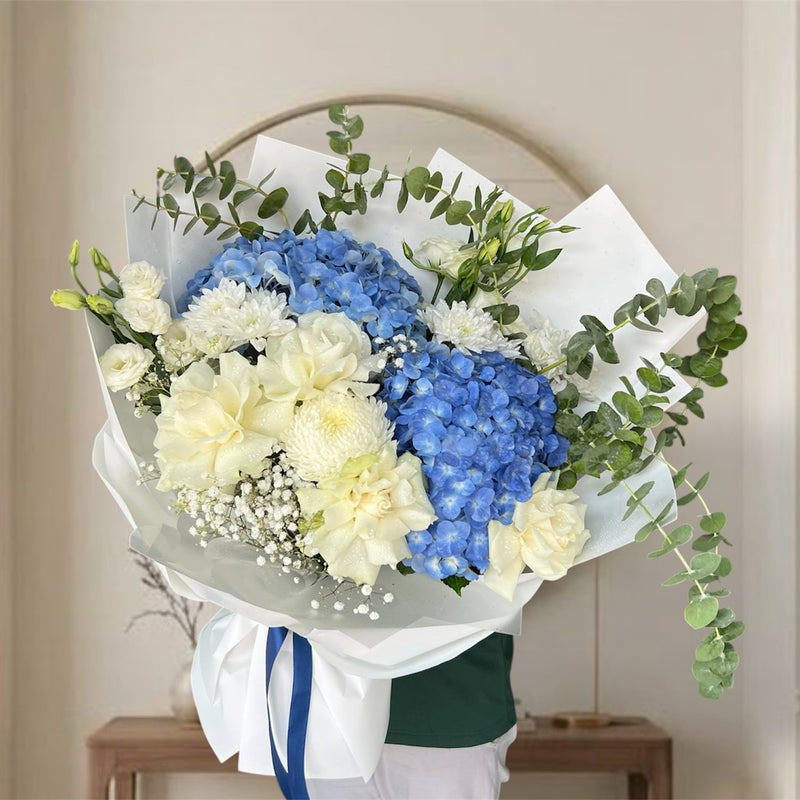 Celestial Blue Hydrangea And White Rose Royal Bouquet