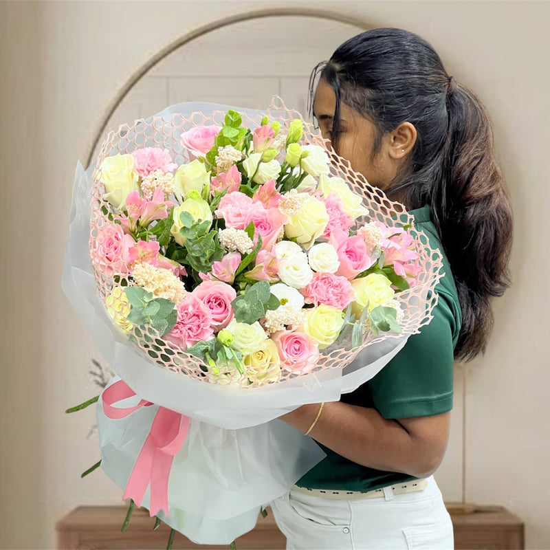 Blushing Pink Alstroemeria And White Rose Garden Bouquet