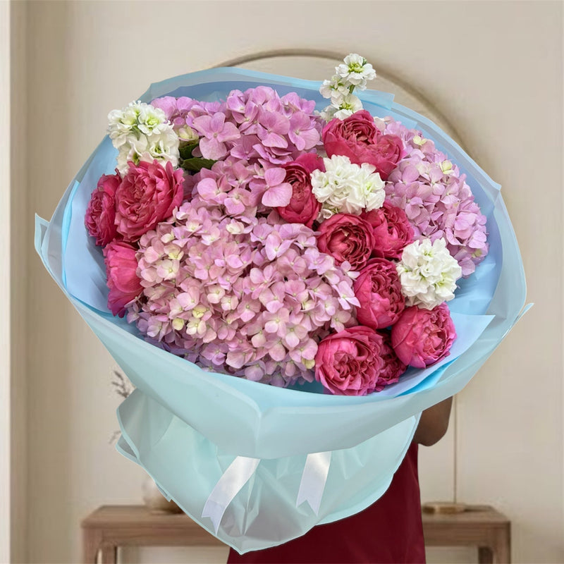 Enchanting Pink Hydrangea And Julietta Spray Rose Garden Bouquet