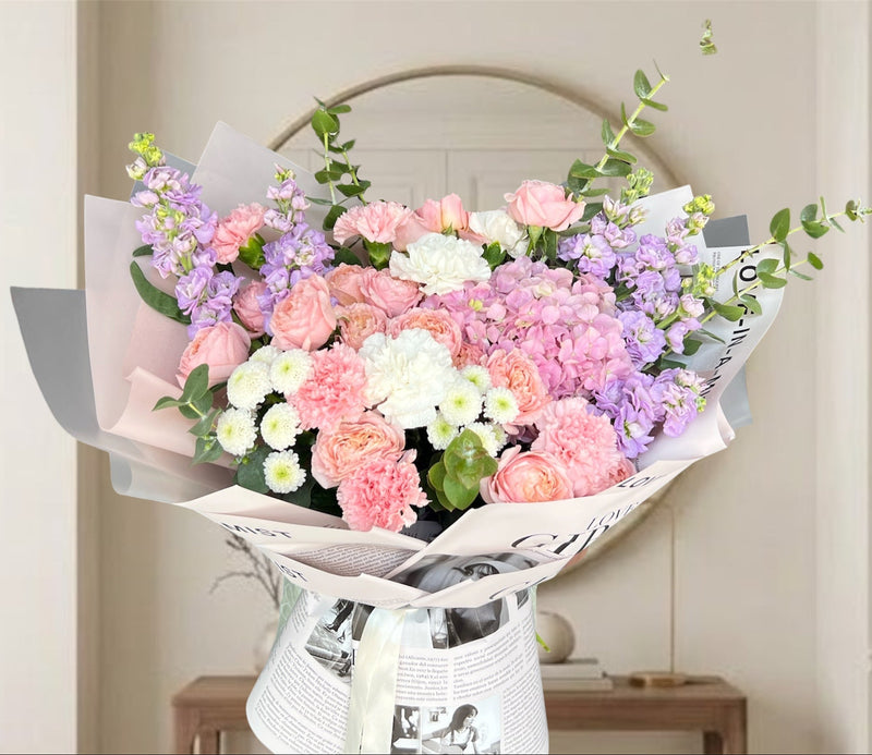 Enchanting Pink Hydrangea And Purple Matthiola Garden Bouquet