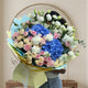 Blue hydrangeas and Lisianthus spray roses mixed bouquet