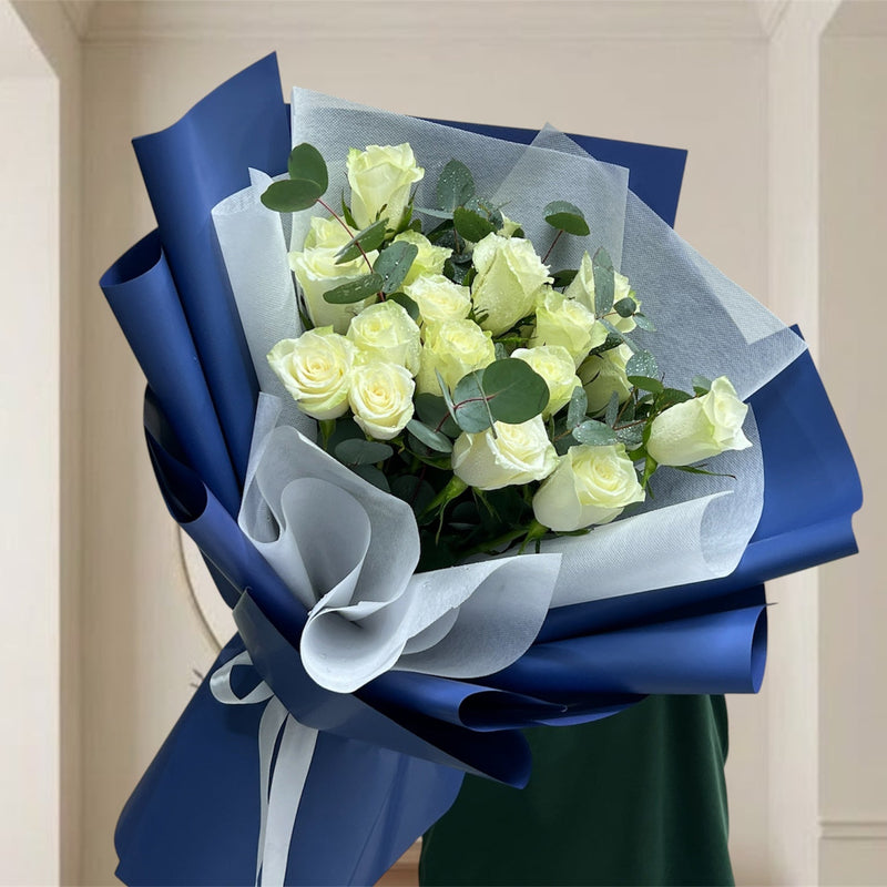 Pristine White Rose And Eucalyptus Luxury Garden Bouquet