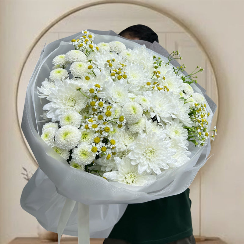 Pristine White Chrysanthemum And Tanacetum Garden Luxury Bouquet