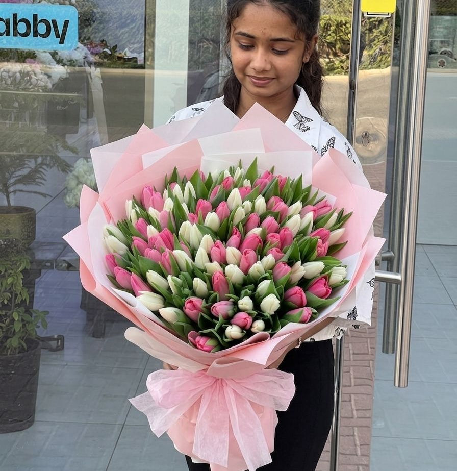 101 Pink and White Tulips Bouquet