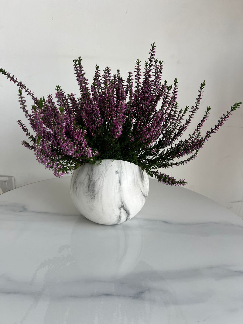 Purple Heather Plant in Marble-Effect Ceramic Pot